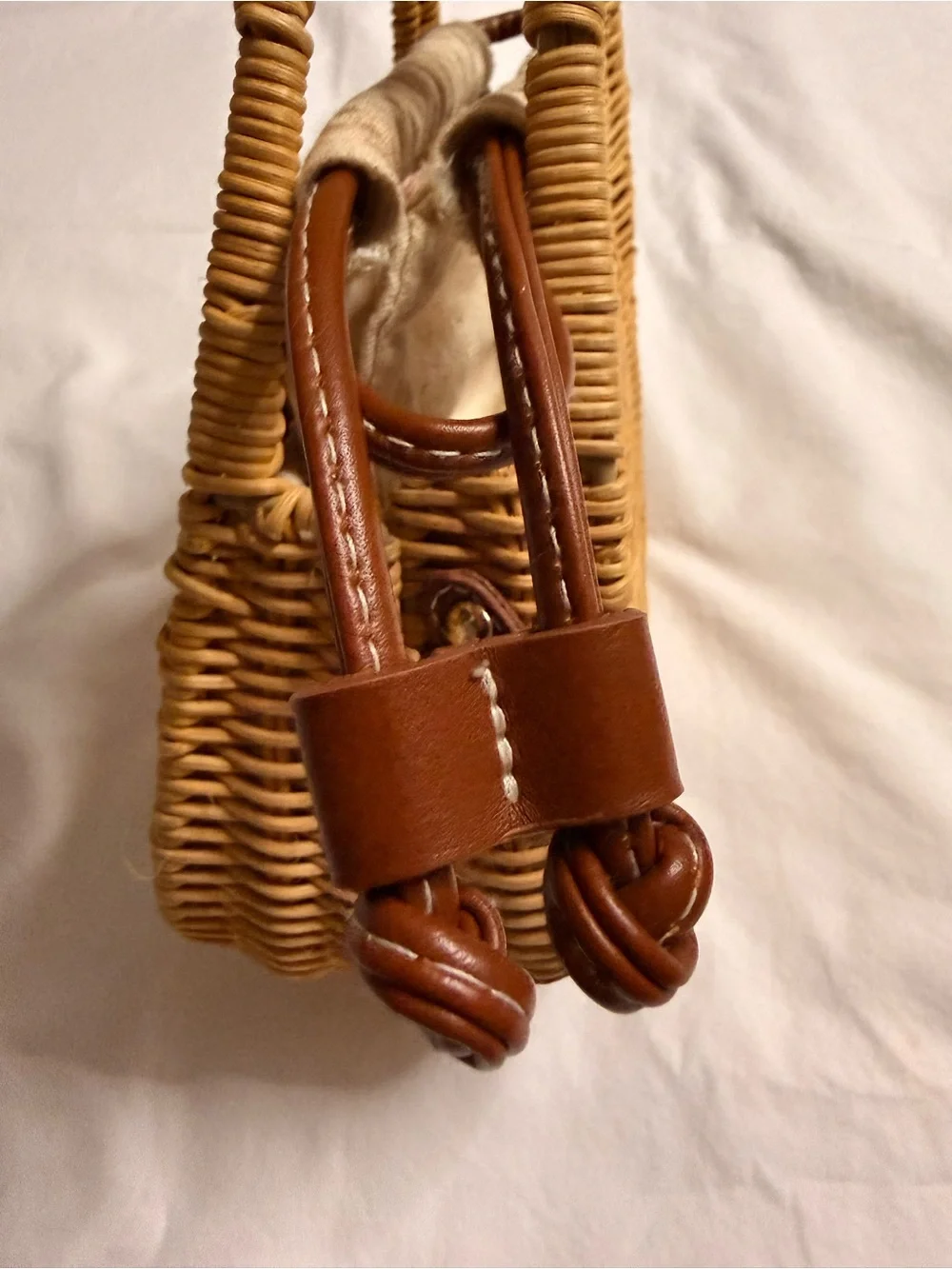 ZARA Woven Rattan Top-Handle Bag with Cream Drawstring Liner (158)